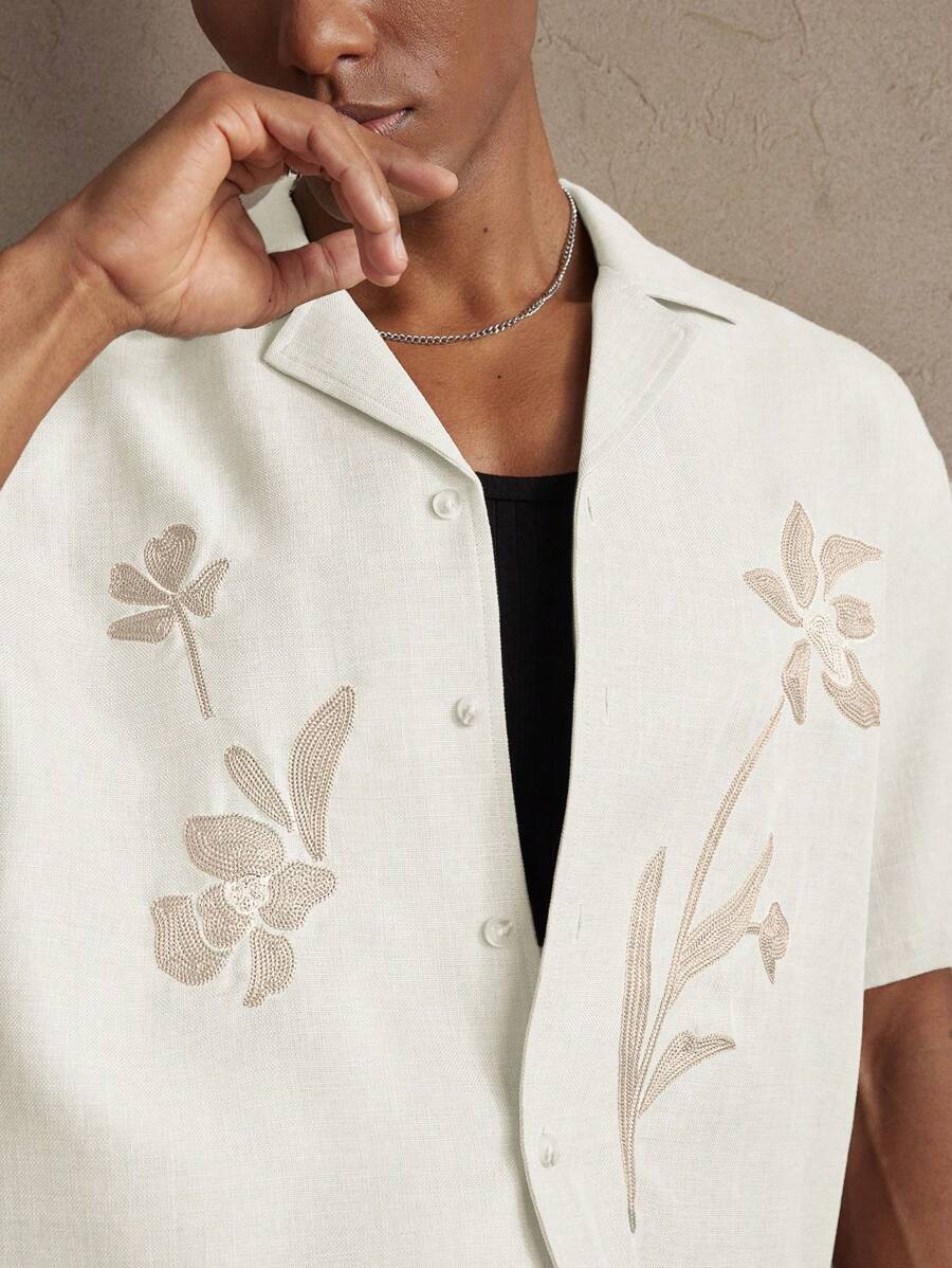 Business Casual Woven Floral Embroidered Drop Shoulder Shirt
