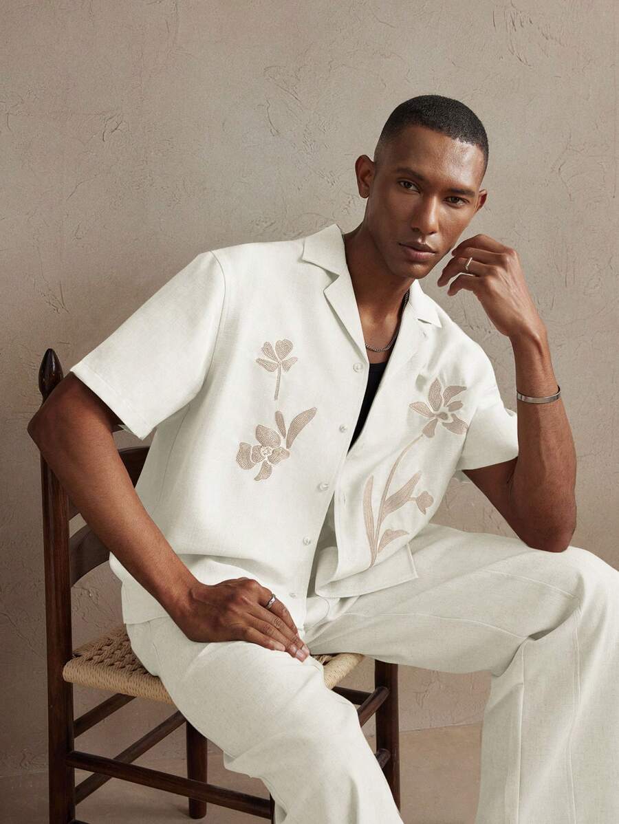 Business Casual Woven Floral Embroidered Drop Shoulder Shirt