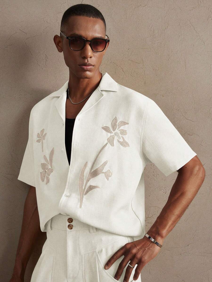 Business Casual Woven Floral Embroidered Drop Shoulder Shirt