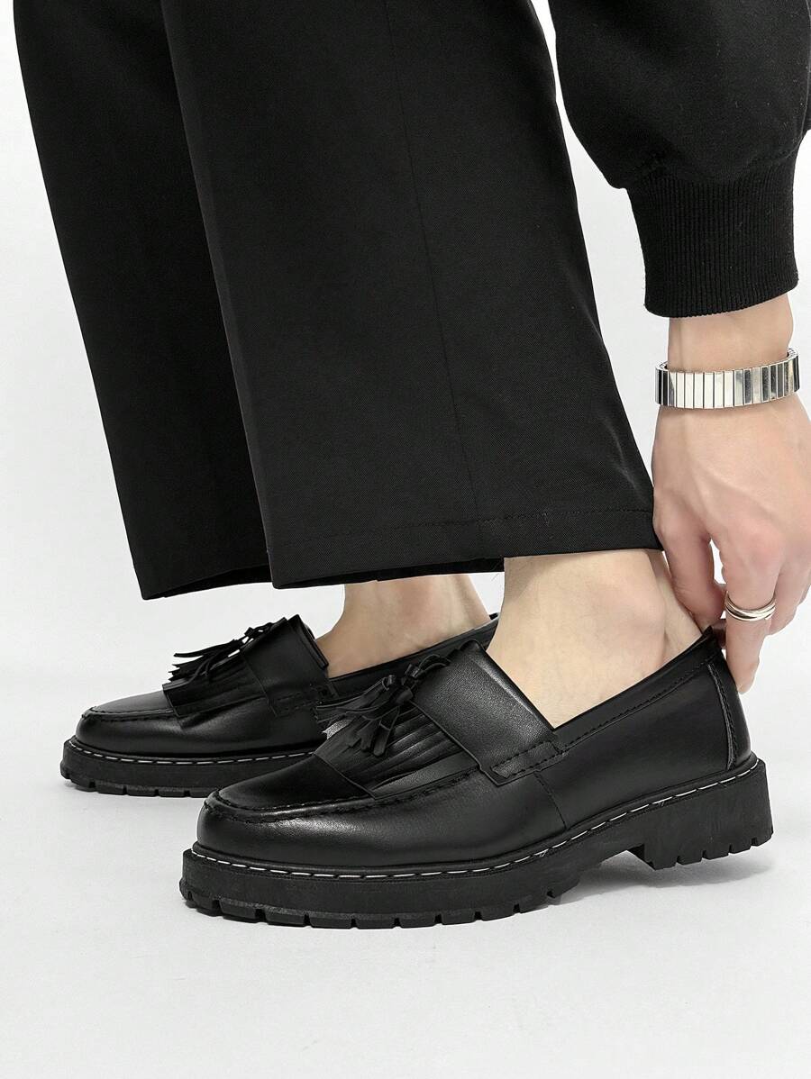 Men's Casual Thick Sole Slip-On Solid Black Leather Loafers