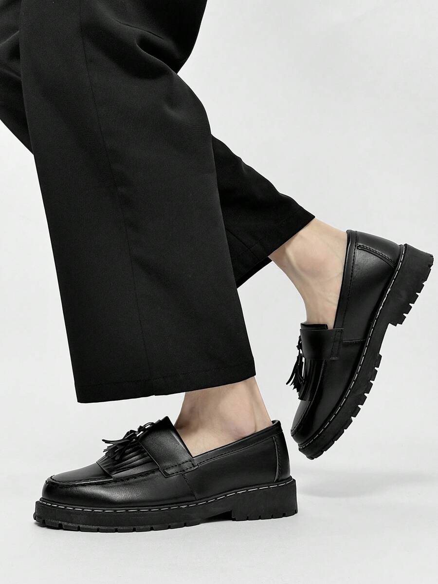 Men's Casual Thick Sole Slip-On Solid Black Leather Loafers