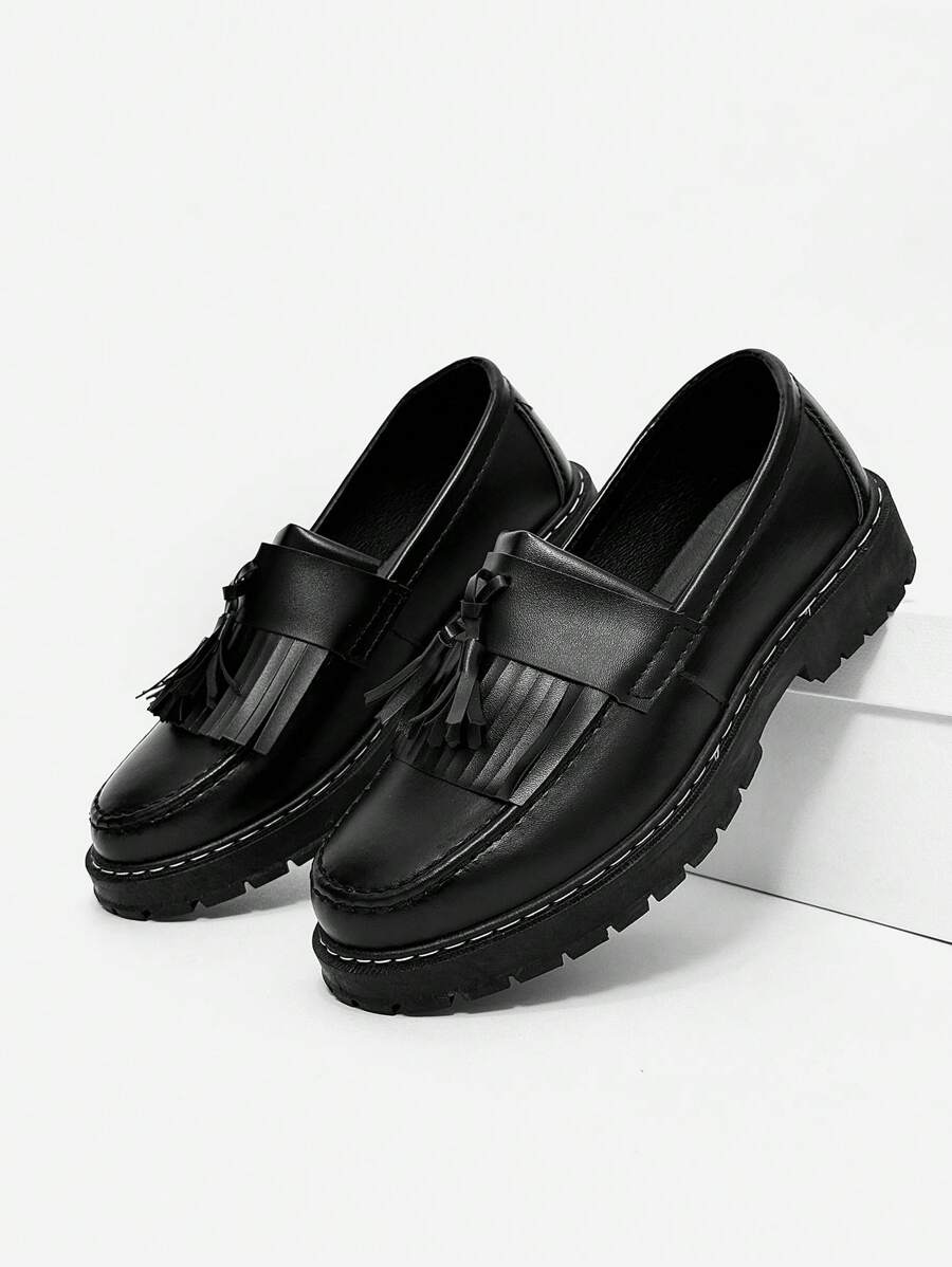 Men's Casual Thick Sole Slip-On Solid Black Leather Loafers