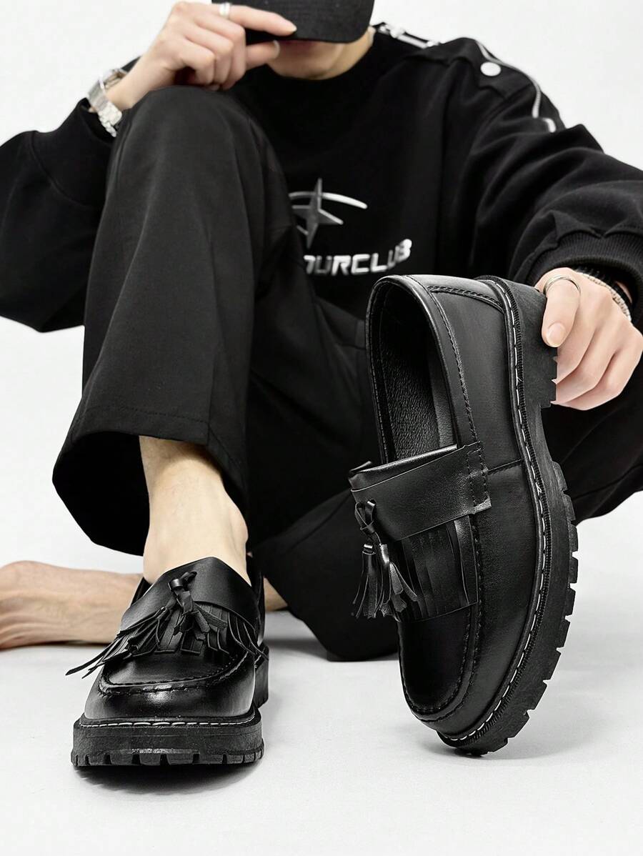 Men's Casual Thick Sole Slip-On Solid Black Leather Loafers