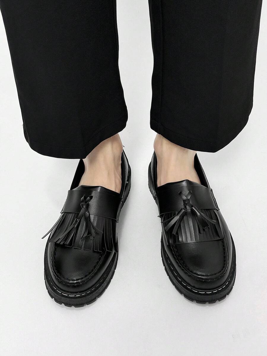 Men's Casual Thick Sole Slip-On Solid Black Leather Loafers