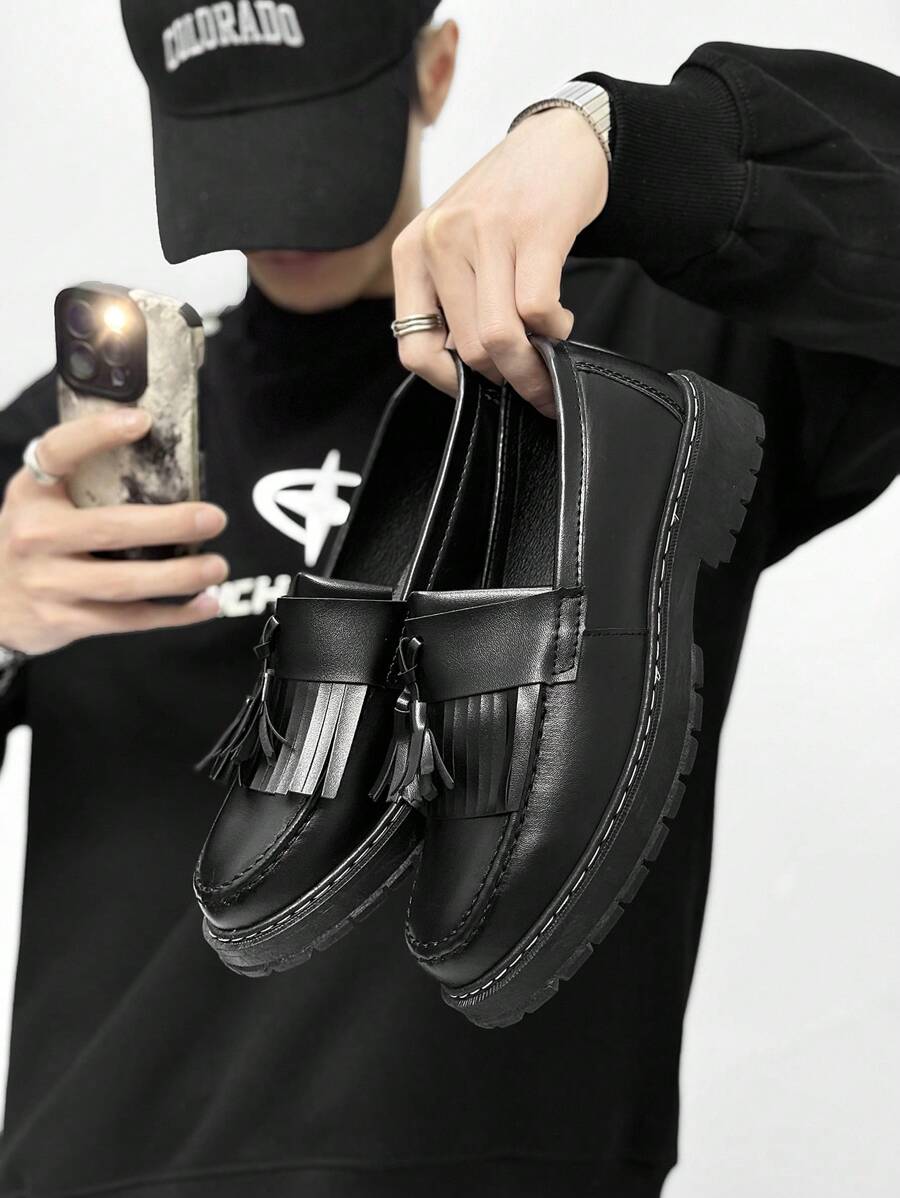Men's Casual Thick Sole Slip-On Solid Black Leather Loafers