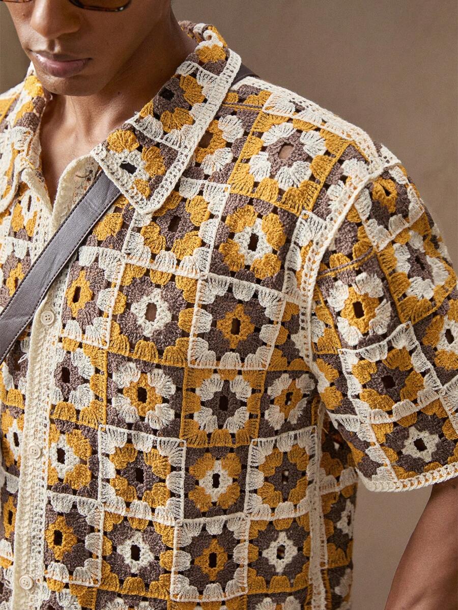 Business Casual Men's Crochet Knit Slim Fit Short Sleeve Cardigan Fall Sweater