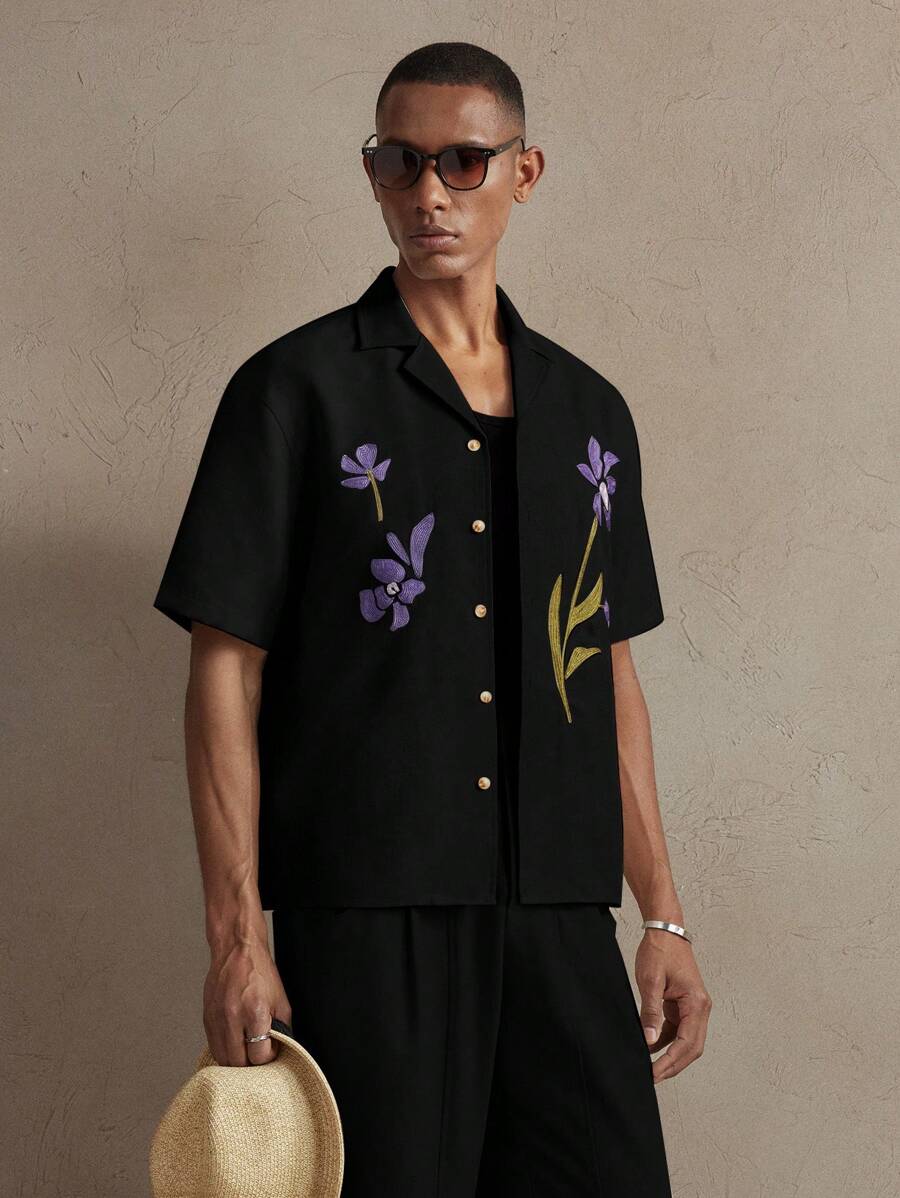 Business Casual Woven Floral Embroidered Drop Shoulder Shirt
