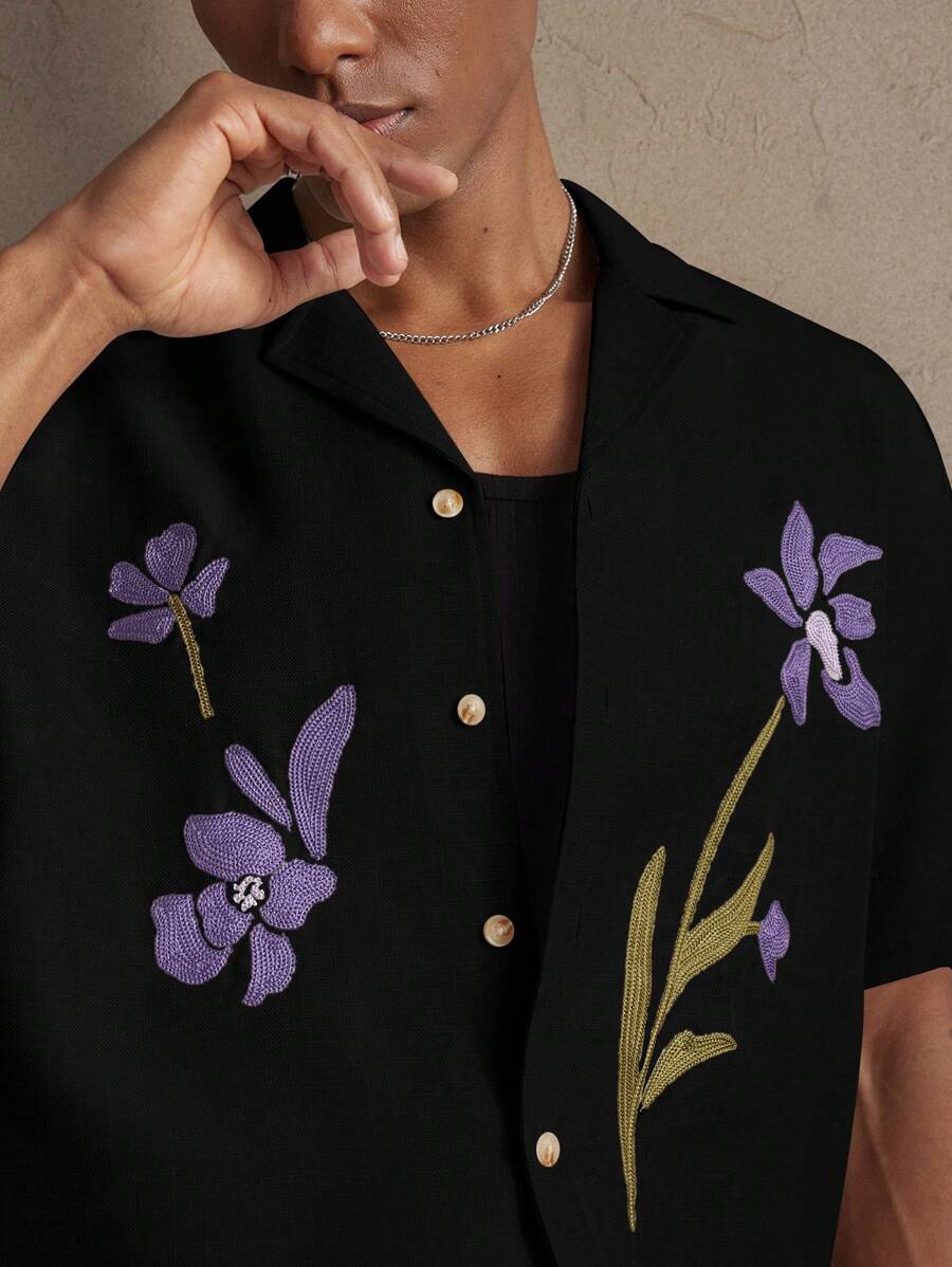 Business Casual Woven Floral Embroidered Drop Shoulder Shirt