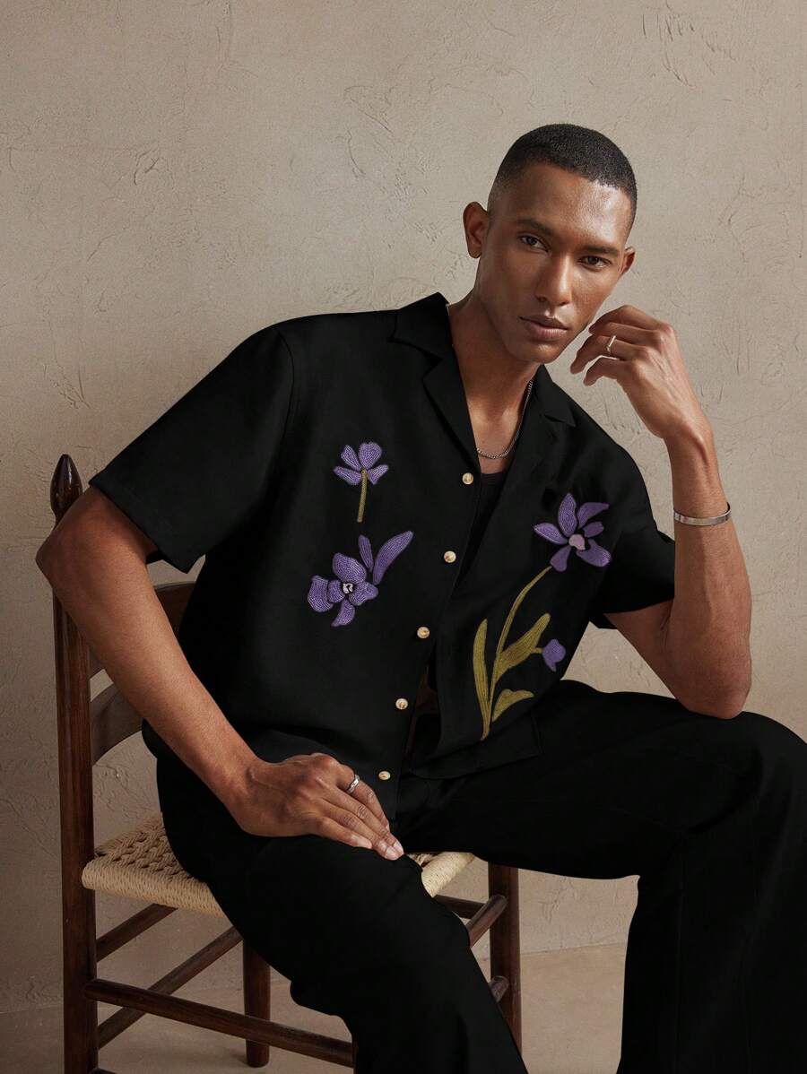 Business Casual Woven Floral Embroidered Drop Shoulder Shirt