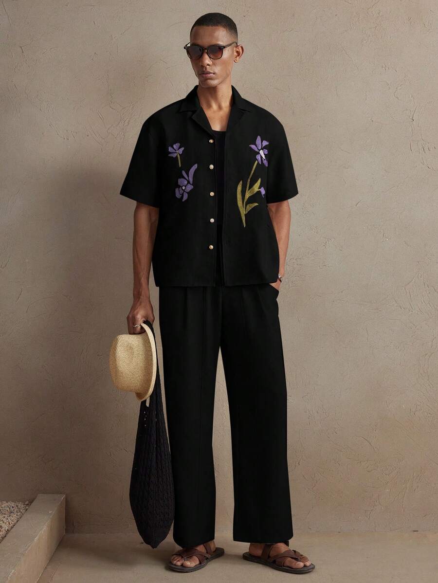 Business Casual Woven Floral Embroidered Drop Shoulder Shirt