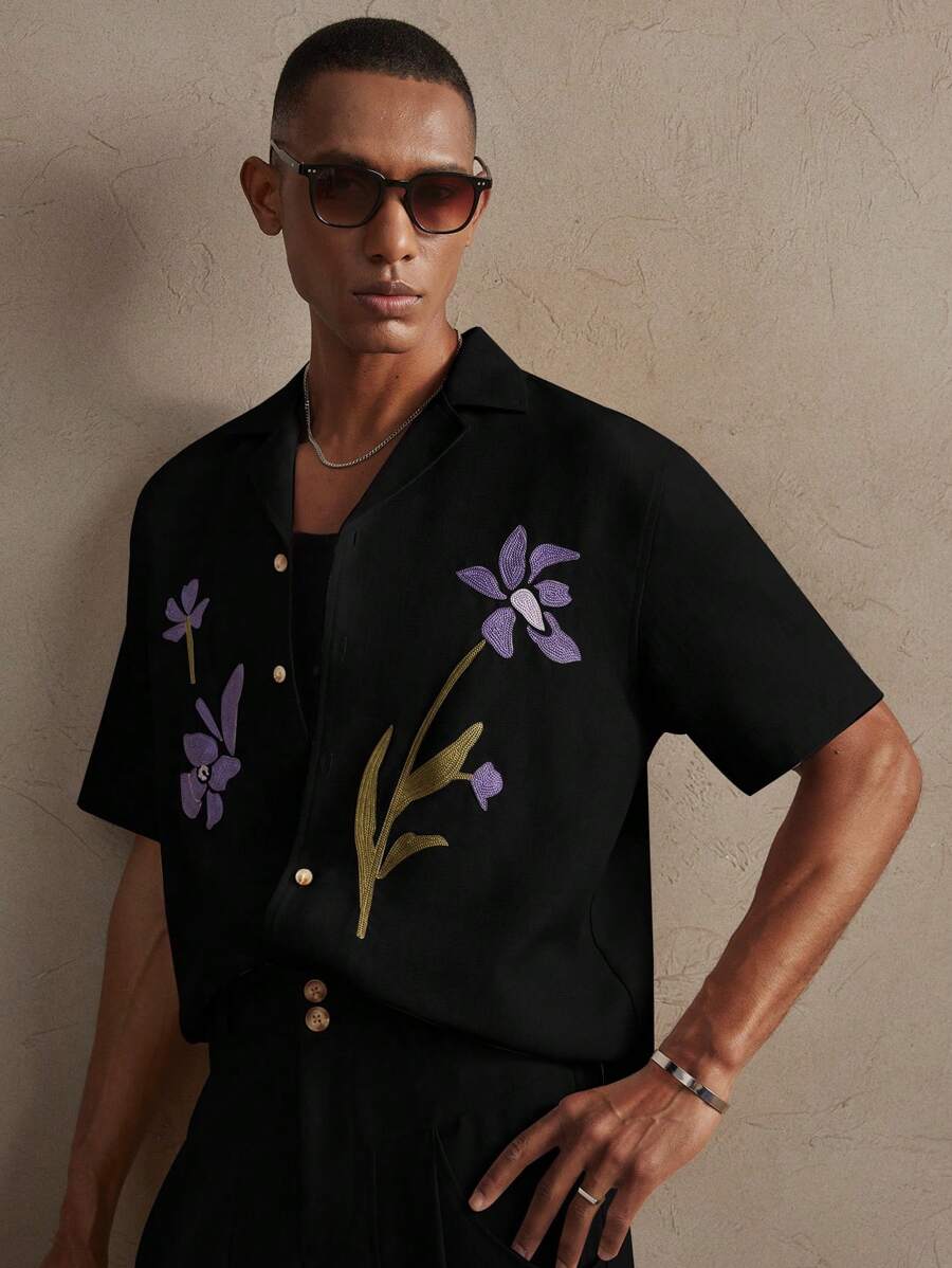 Business Casual Woven Floral Embroidered Drop Shoulder Shirt