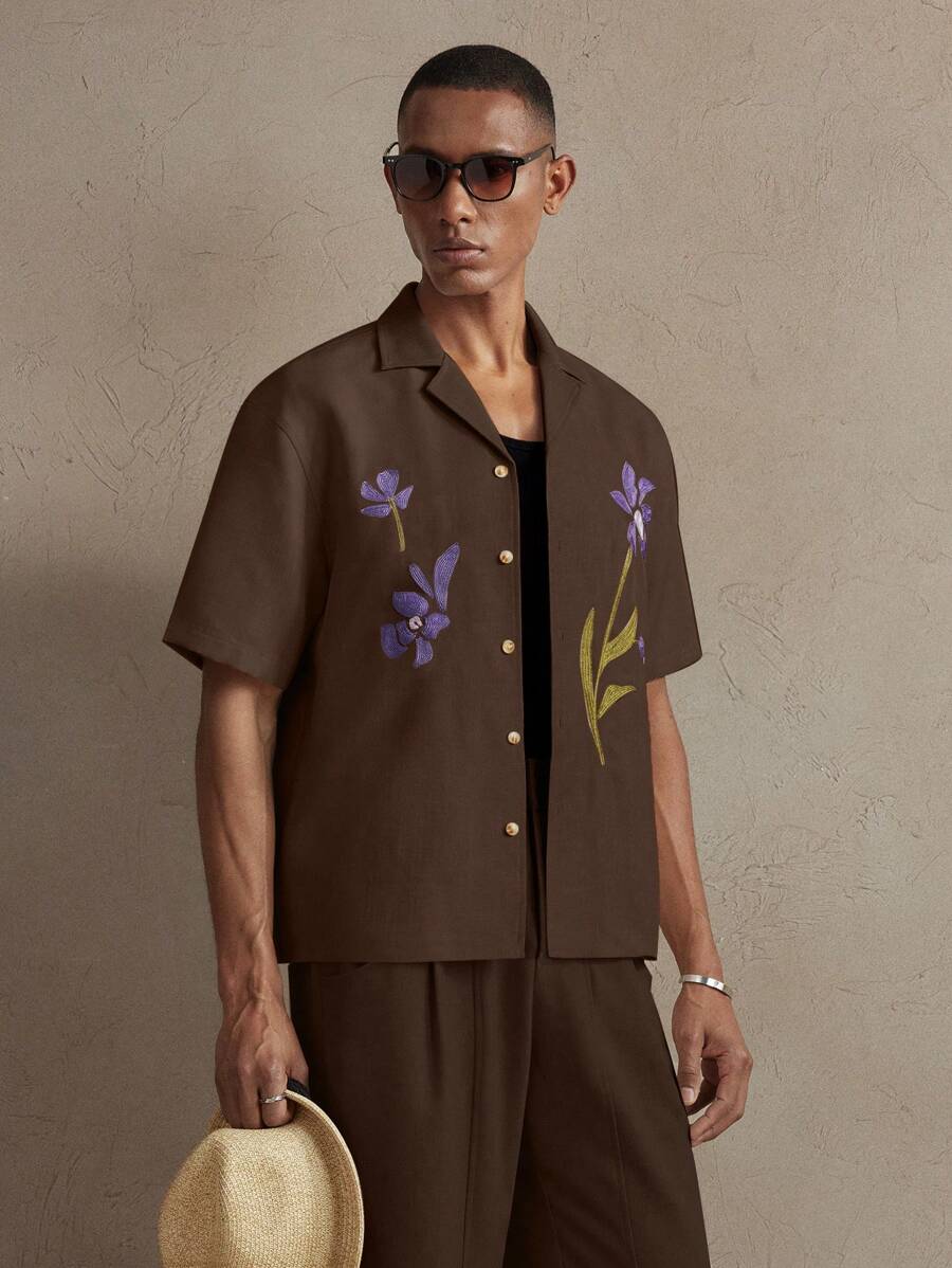 Business Casual Woven Floral Embroidered Drop Shoulder Shirt