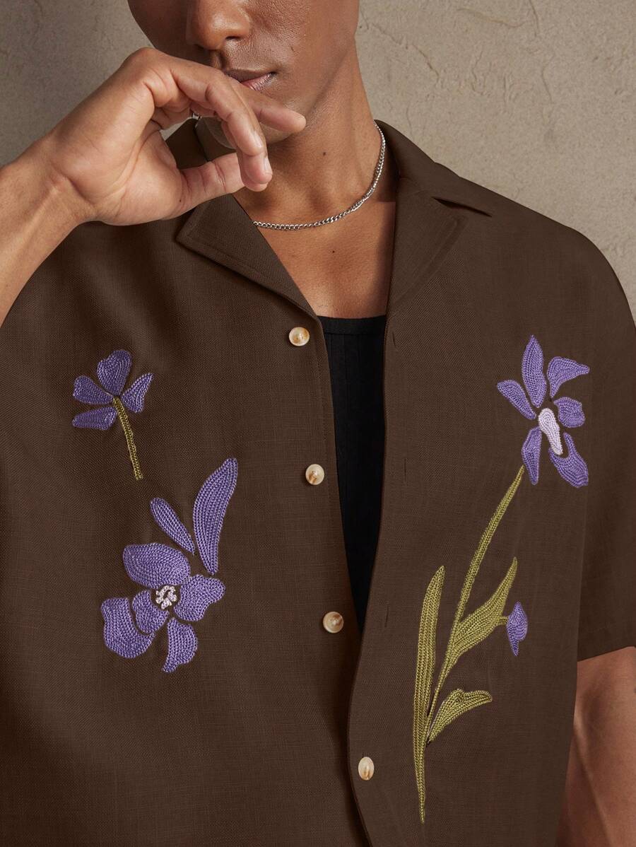 Business Casual Woven Floral Embroidered Drop Shoulder Shirt