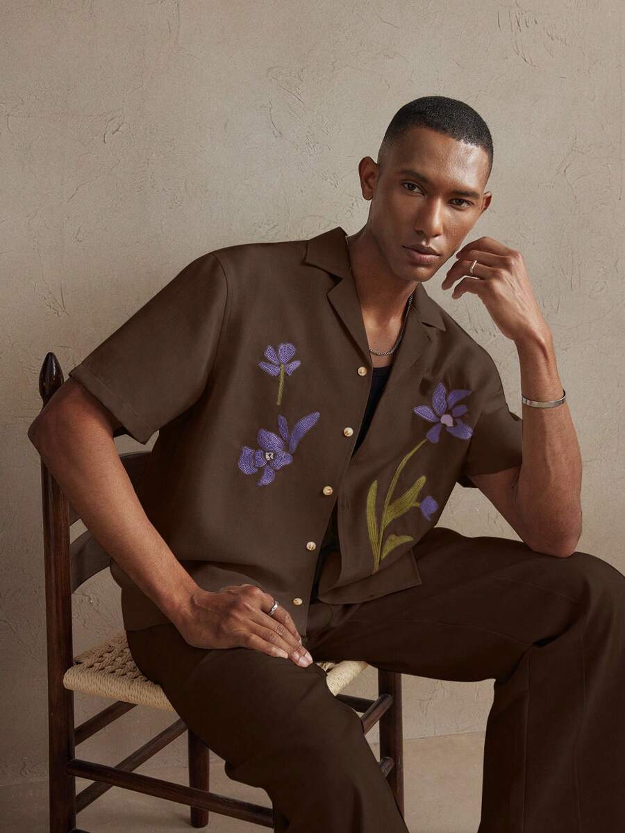 Business Casual Woven Floral Embroidered Drop Shoulder Shirt