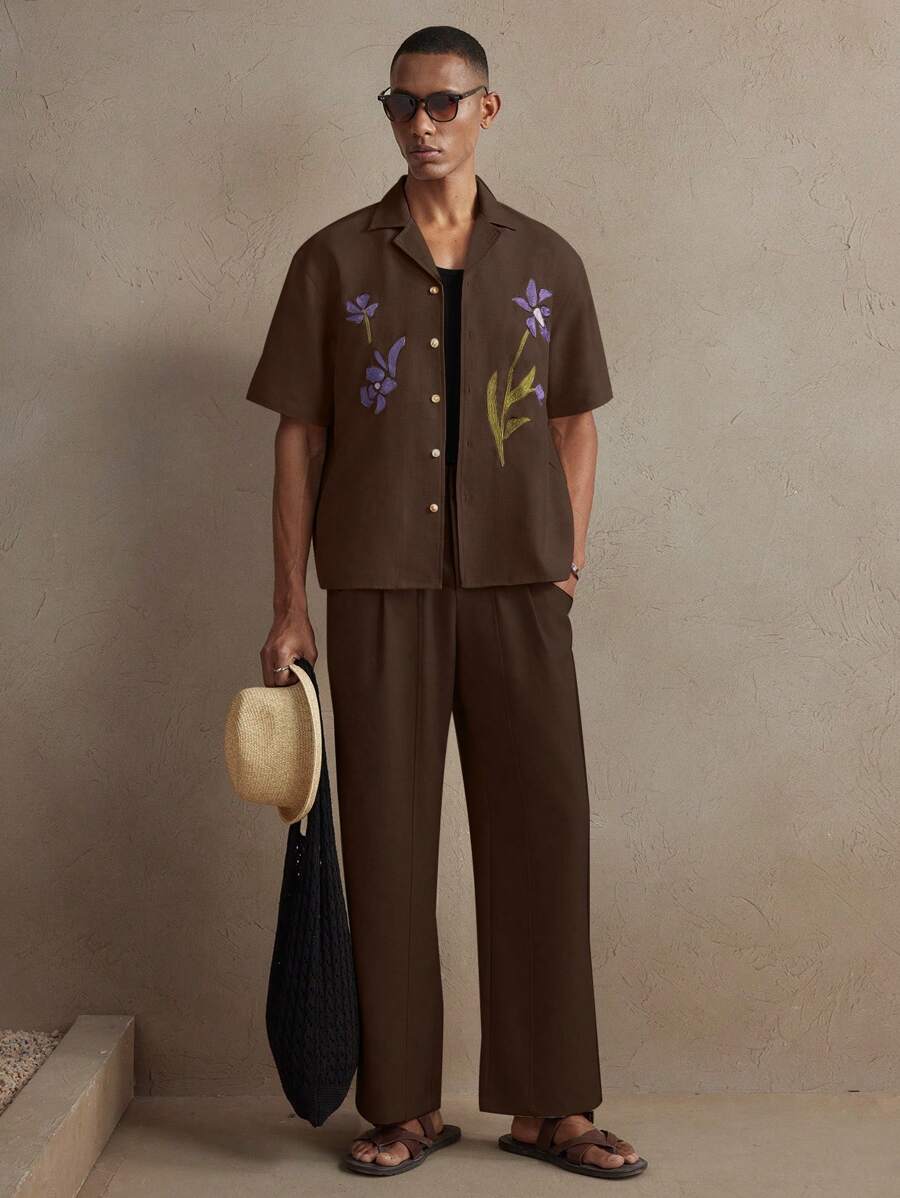 Business Casual Woven Floral Embroidered Drop Shoulder Shirt