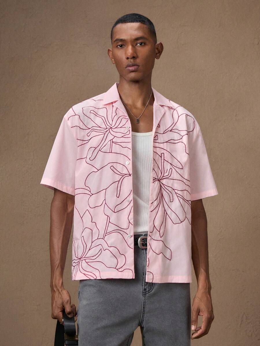 Business Casual Woven Floral Embroidered Drop Shoulder Shirt