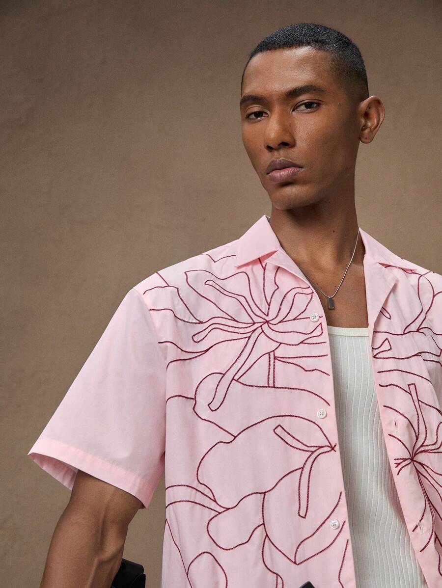 Business Casual Woven Floral Embroidered Drop Shoulder Shirt