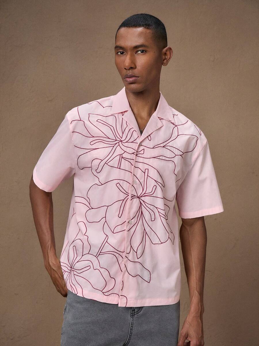 Business Casual Woven Floral Embroidered Drop Shoulder Shirt