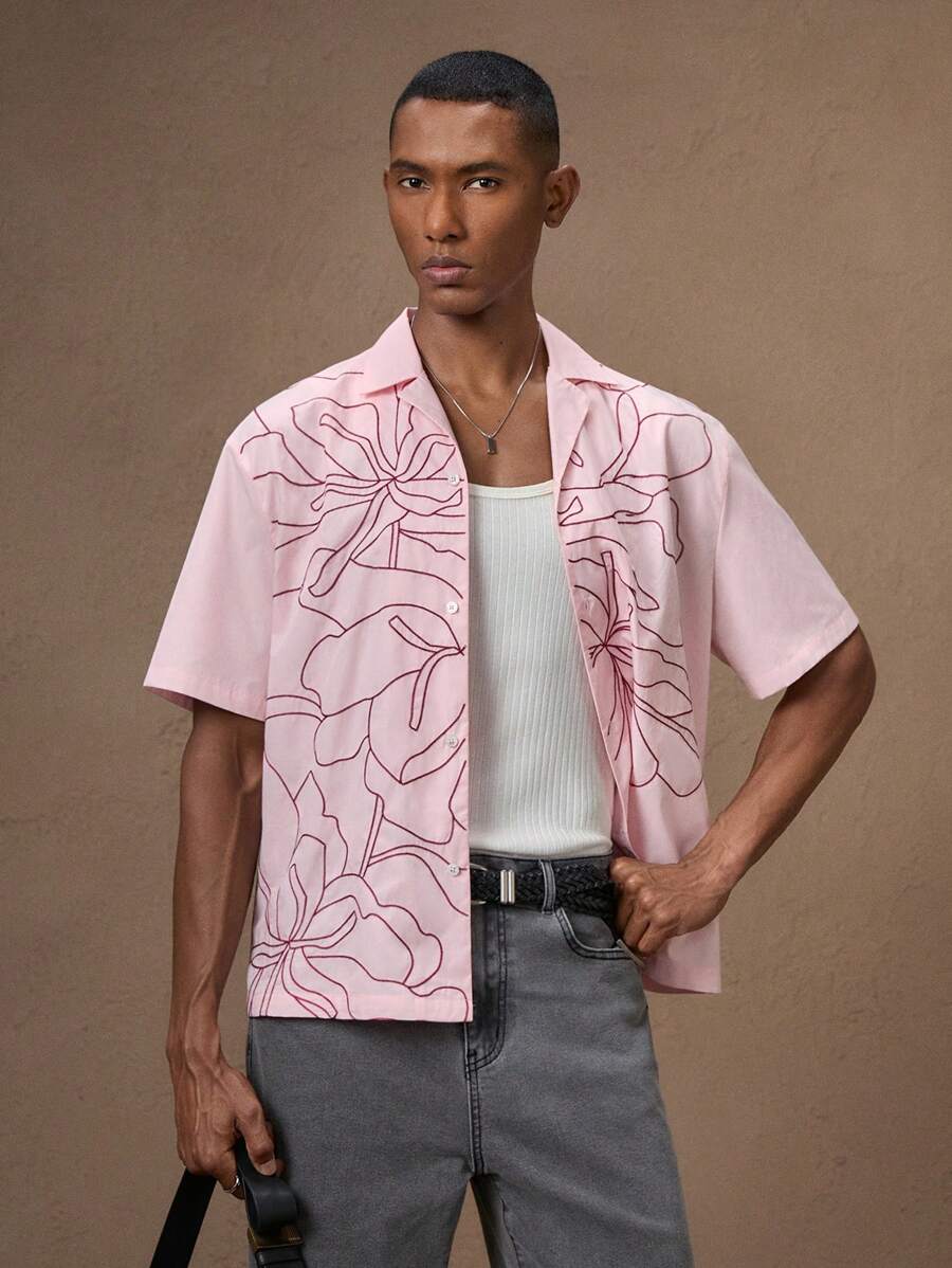 Business Casual Woven Floral Embroidered Drop Shoulder Shirt