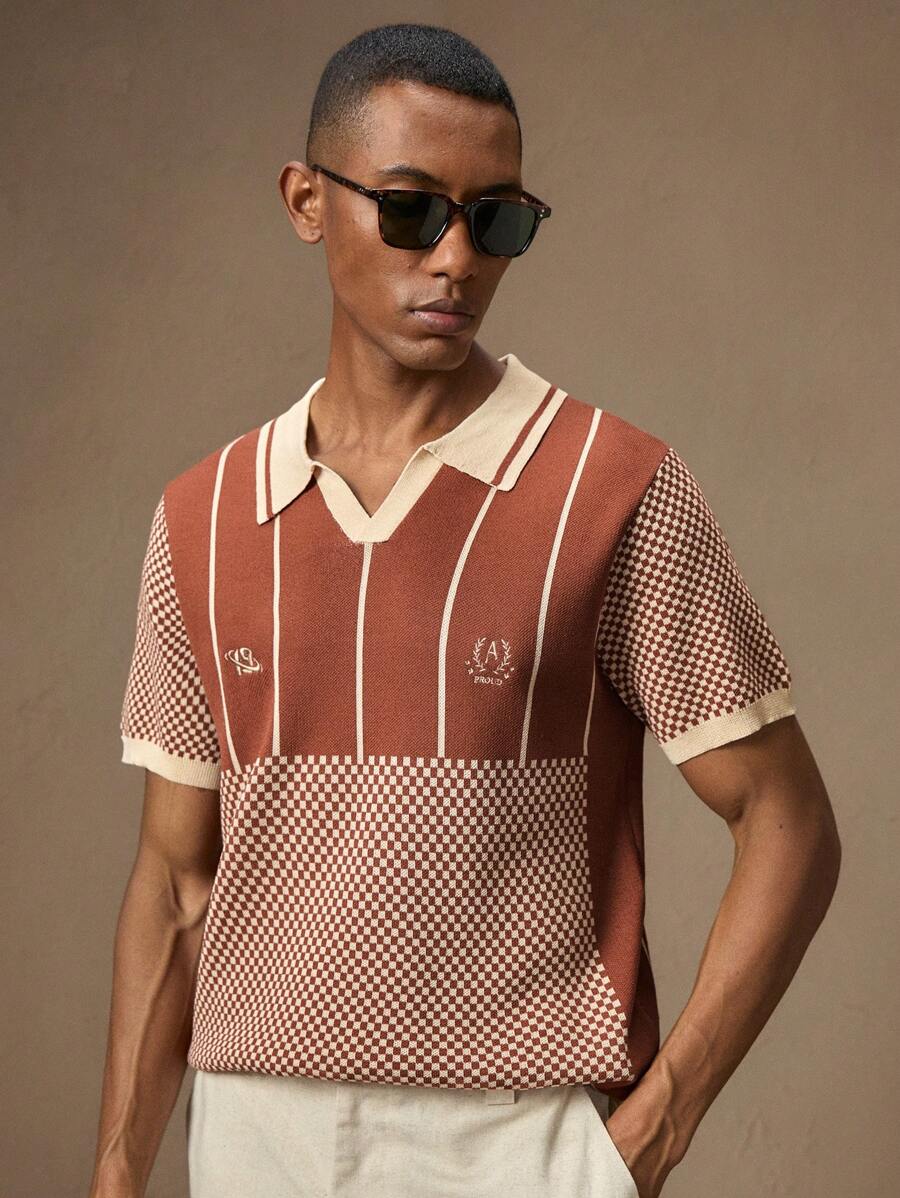 Men's Brown Knitted Short Sleeve Slim Fit Casual Polo Shirt