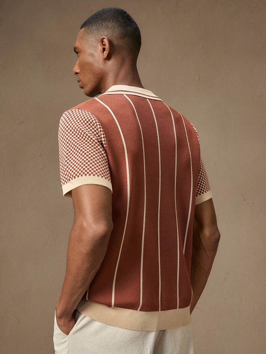 Men's Brown Knitted Short Sleeve Slim Fit Casual Polo Shirt