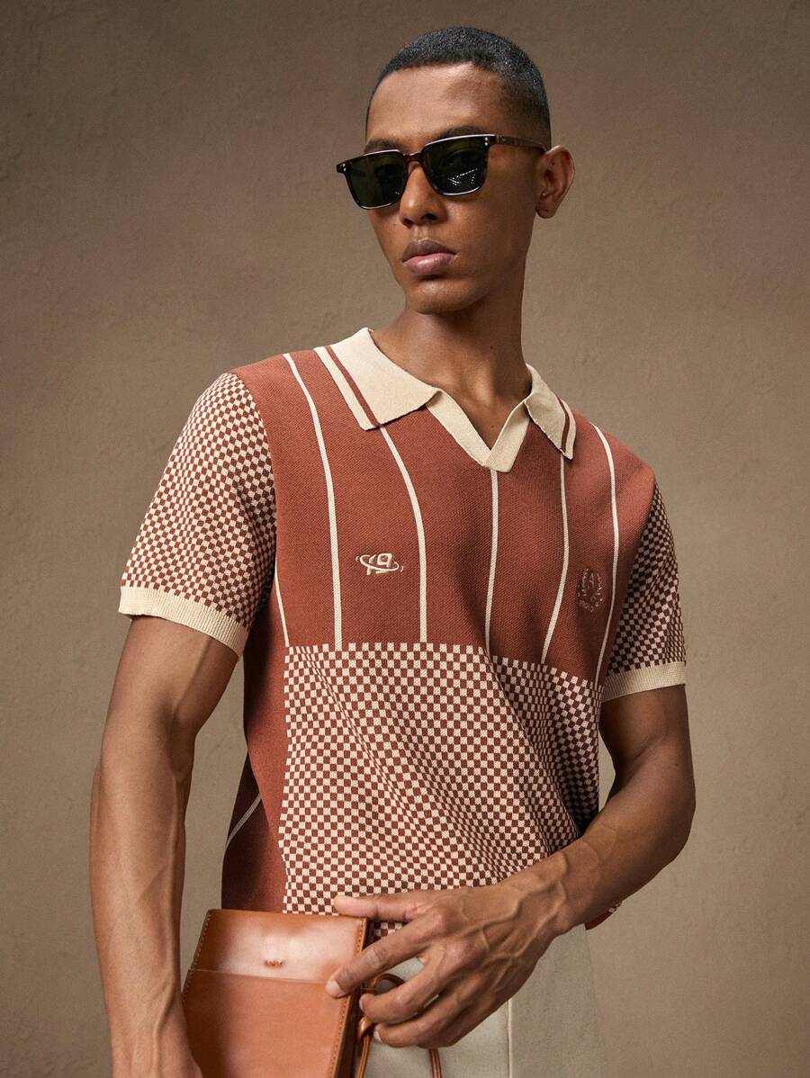 Men's Brown Knitted Short Sleeve Slim Fit Casual Polo Shirt