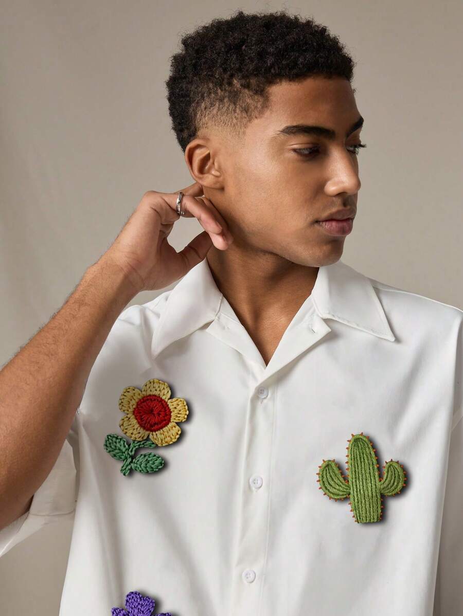 Men's 3D Floral Decor Casual Short Sleeve White Shirt