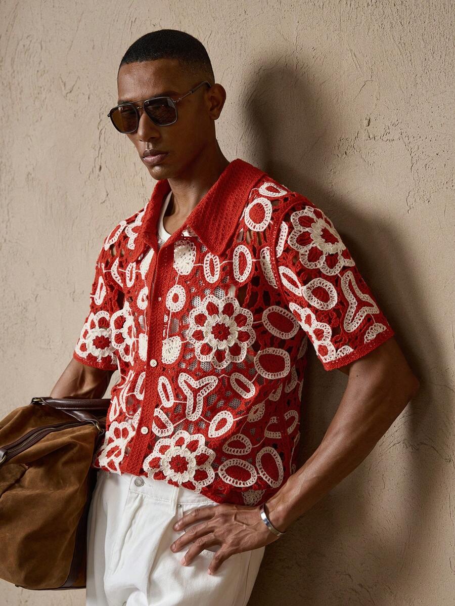 Men's Knitted Slim Fit Short Sleeve Casual Red Cardigan Sweater