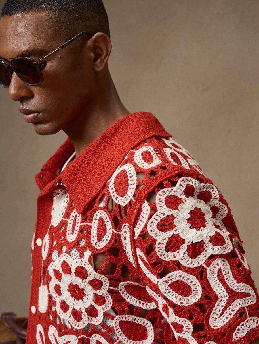 Men's Knitted Slim Fit Short Sleeve Casual Red Cardigan Sweater