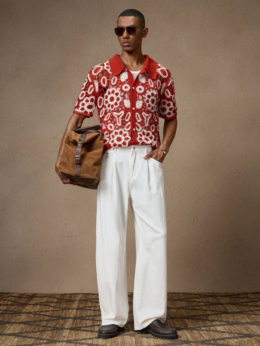 Men's Knitted Slim Fit Short Sleeve Casual Red Cardigan Sweater