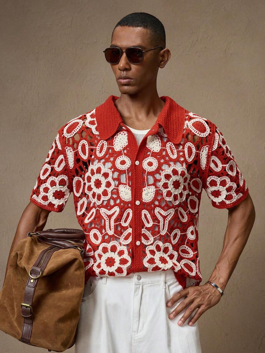 Men's Knitted Slim Fit Short Sleeve Casual Red Cardigan Sweater