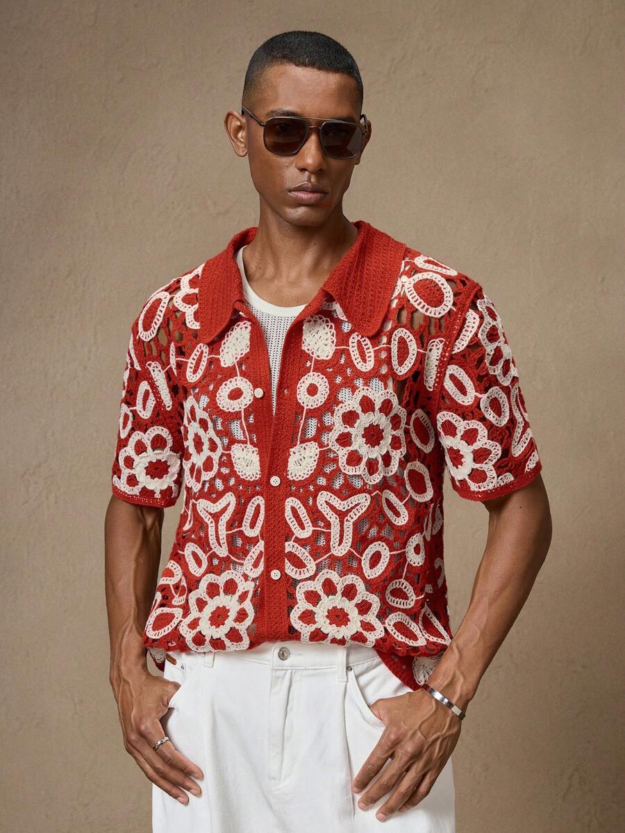 Men's Knitted Slim Fit Short Sleeve Casual Red Cardigan Sweater