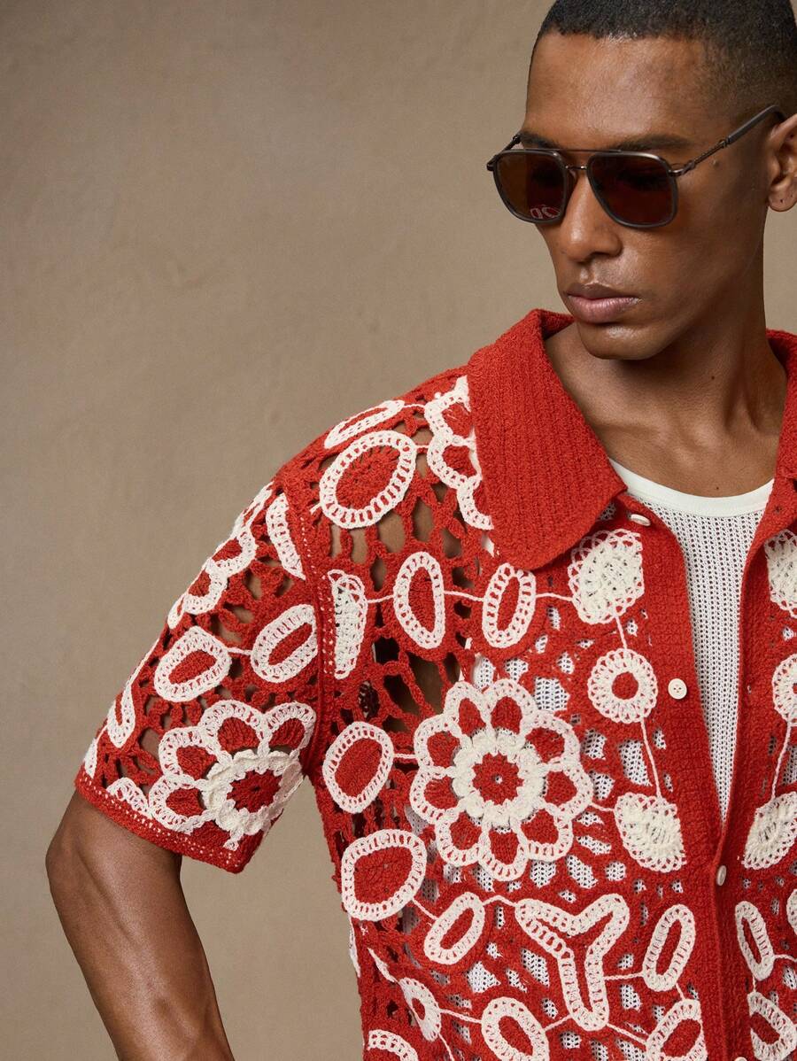 Men's Knitted Slim Fit Short Sleeve Casual Red Cardigan Sweater