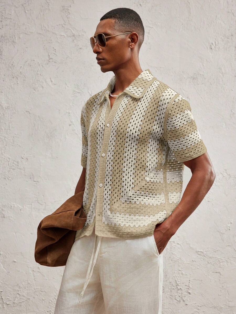 Men's Knitted Fitted Short Sleeve Casual Cardigan Fall Sweater