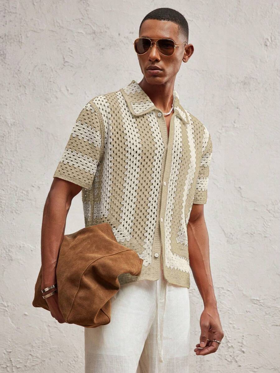 Men's Knitted Fitted Short Sleeve Casual Cardigan Fall Sweater