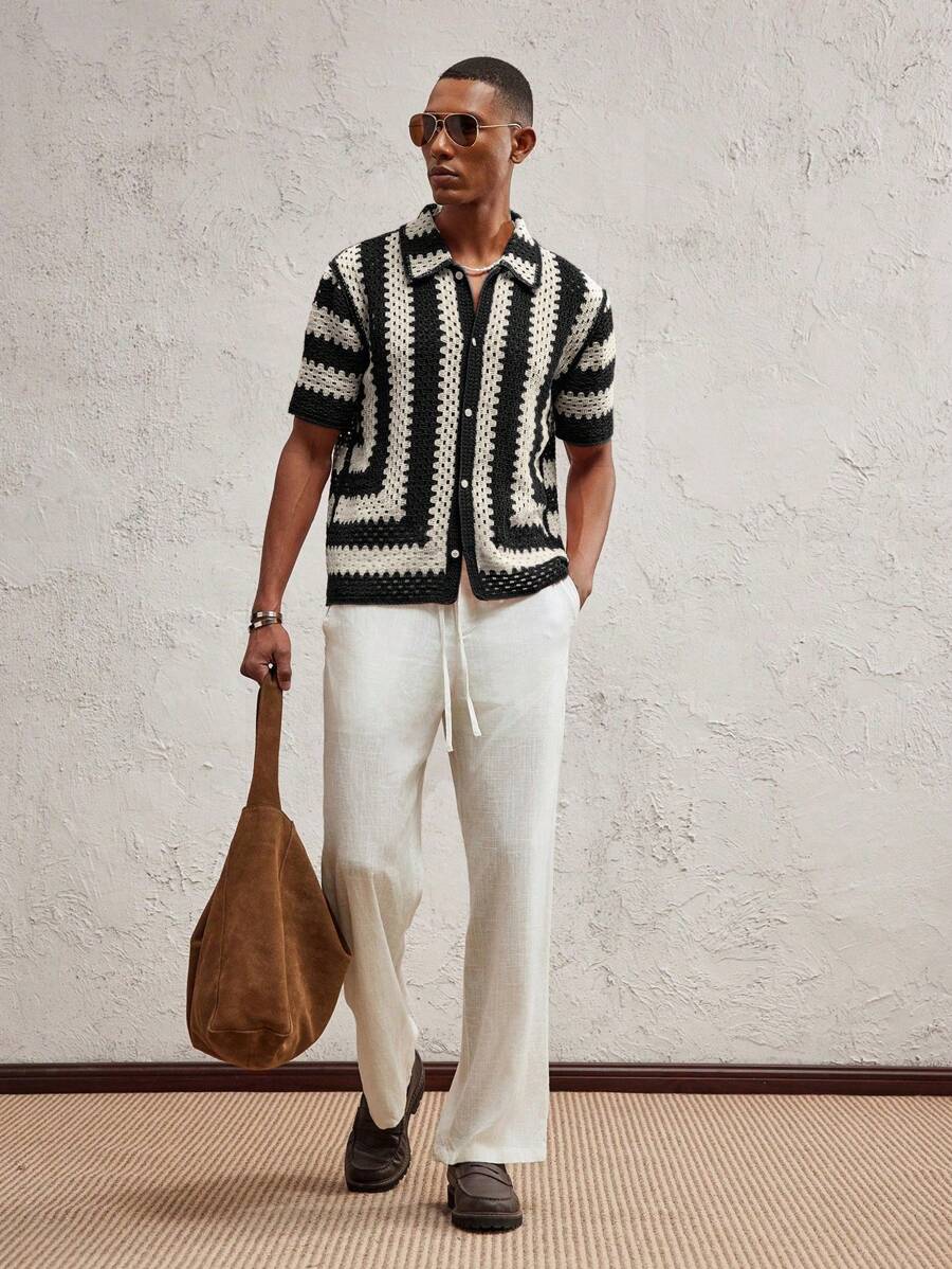 Men's Knitted Fitted Short Sleeve Casual Cardigan Fall Sweater