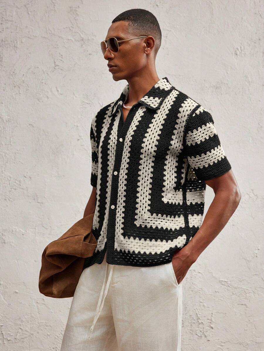 Men's Knitted Fitted Short Sleeve Casual Cardigan Fall Sweater