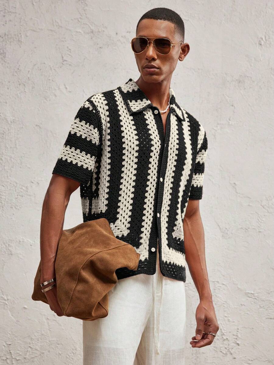 Men's Knitted Fitted Short Sleeve Casual Cardigan Fall Sweater