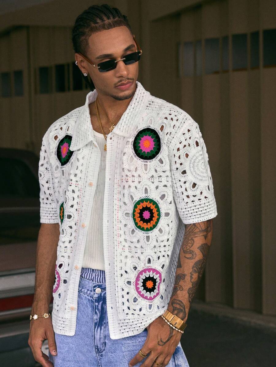 Cashew Flower Pattern Boxy Fit Polo Collar Short Sleeve Knit Top For Men