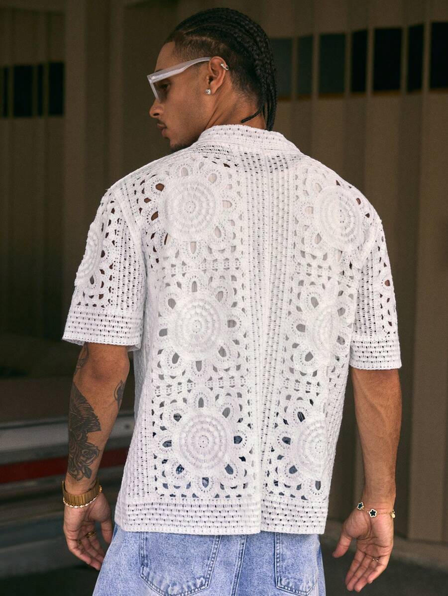 Cashew Flower Pattern Boxy Fit Polo Collar Short Sleeve Knit Top For Men