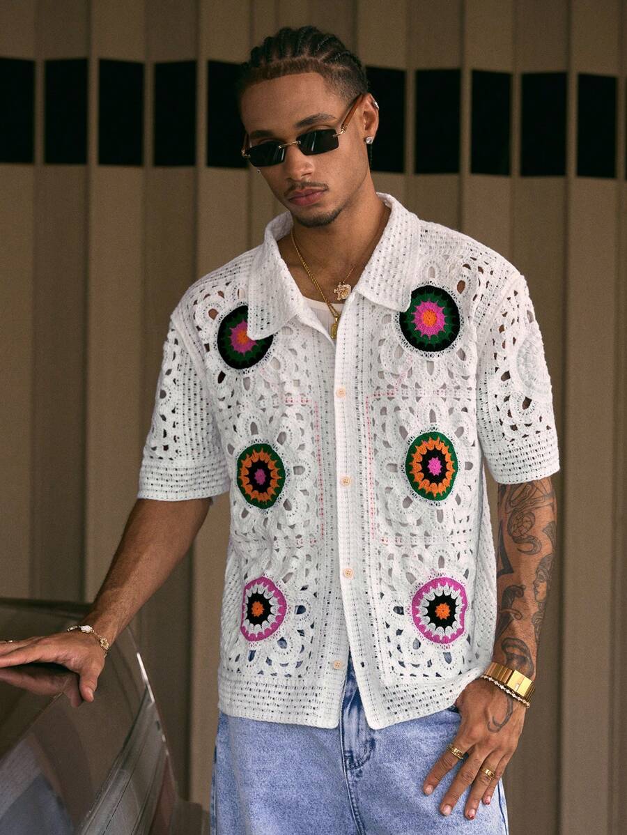Cashew Flower Pattern Boxy Fit Polo Collar Short Sleeve Knit Top For Men