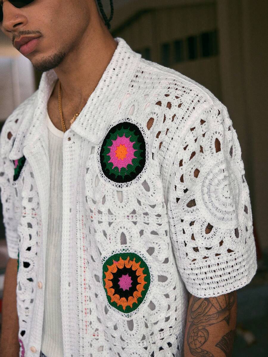 Cashew Flower Pattern Boxy Fit Polo Collar Short Sleeve Knit Top For Men