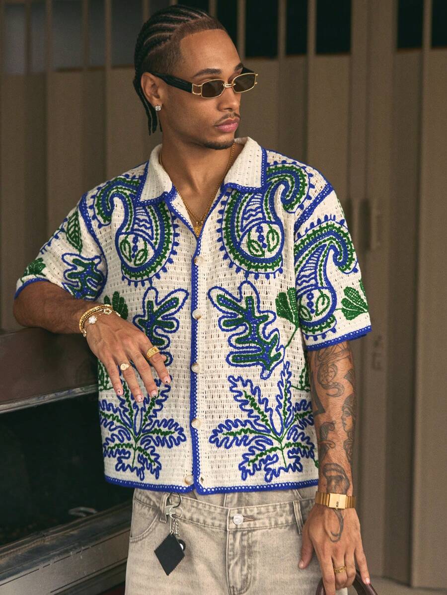 Cashew Flower Pattern Boxy Fit Polo Collar Short Sleeve Knit Top For Men