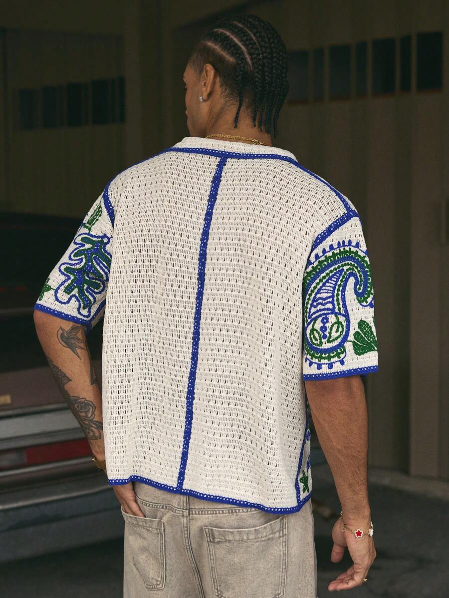 Cashew Flower Pattern Boxy Fit Polo Collar Short Sleeve Knit Top For Men