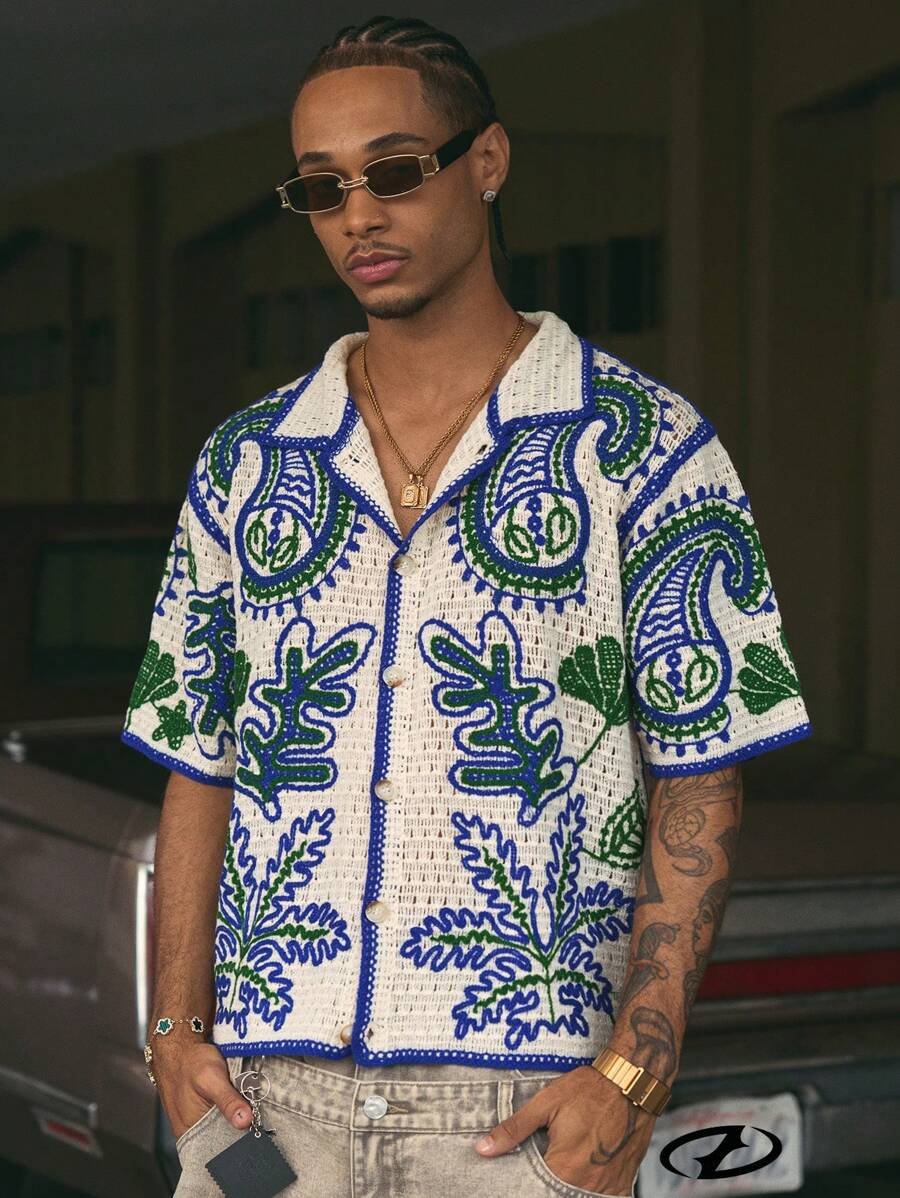 Cashew Flower Pattern Boxy Fit Polo Collar Short Sleeve Knit Top For Men