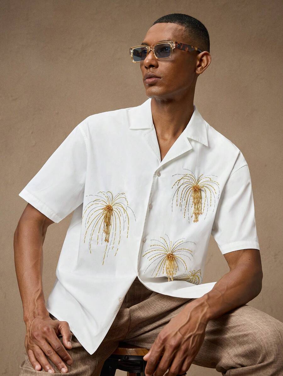 Business Casual Woven Floral Embroidered Drop Shoulder Shirt