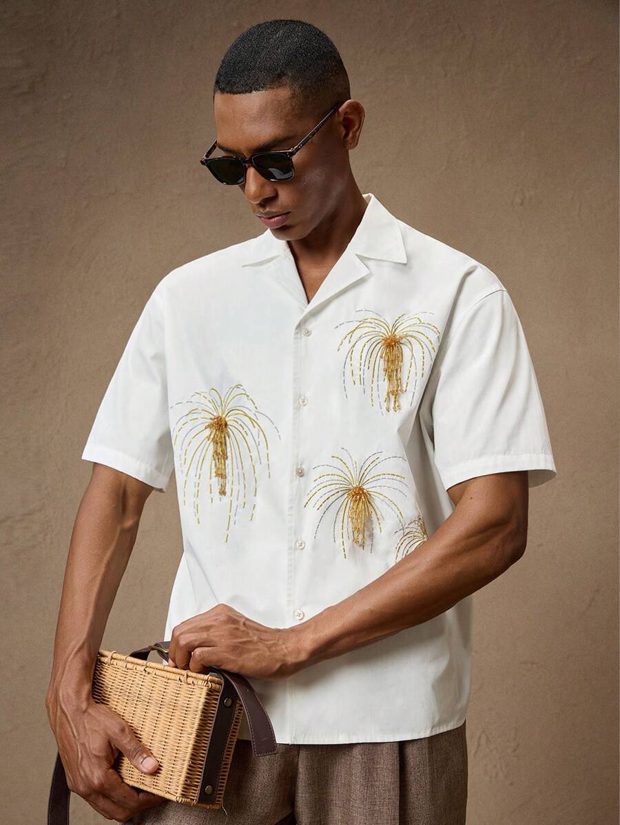 Business Casual Woven Floral Embroidered Drop Shoulder Shirt