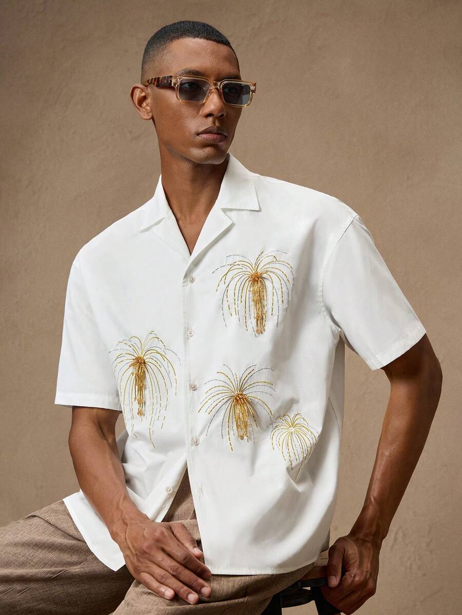 Business Casual Woven Floral Embroidered Drop Shoulder Shirt