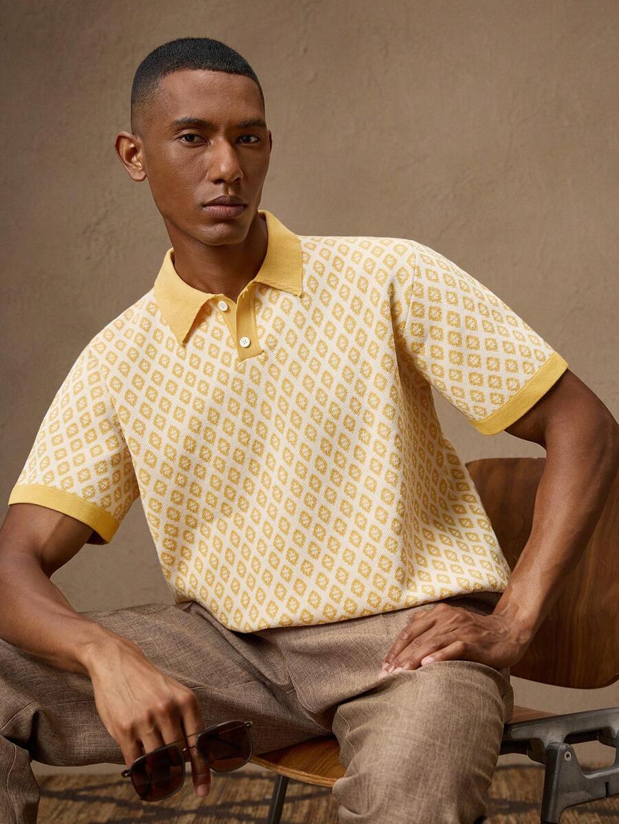 Business Casual Men's Vintage Yellow Jacquard Knit Slim Fit Short Sleeve Tee
