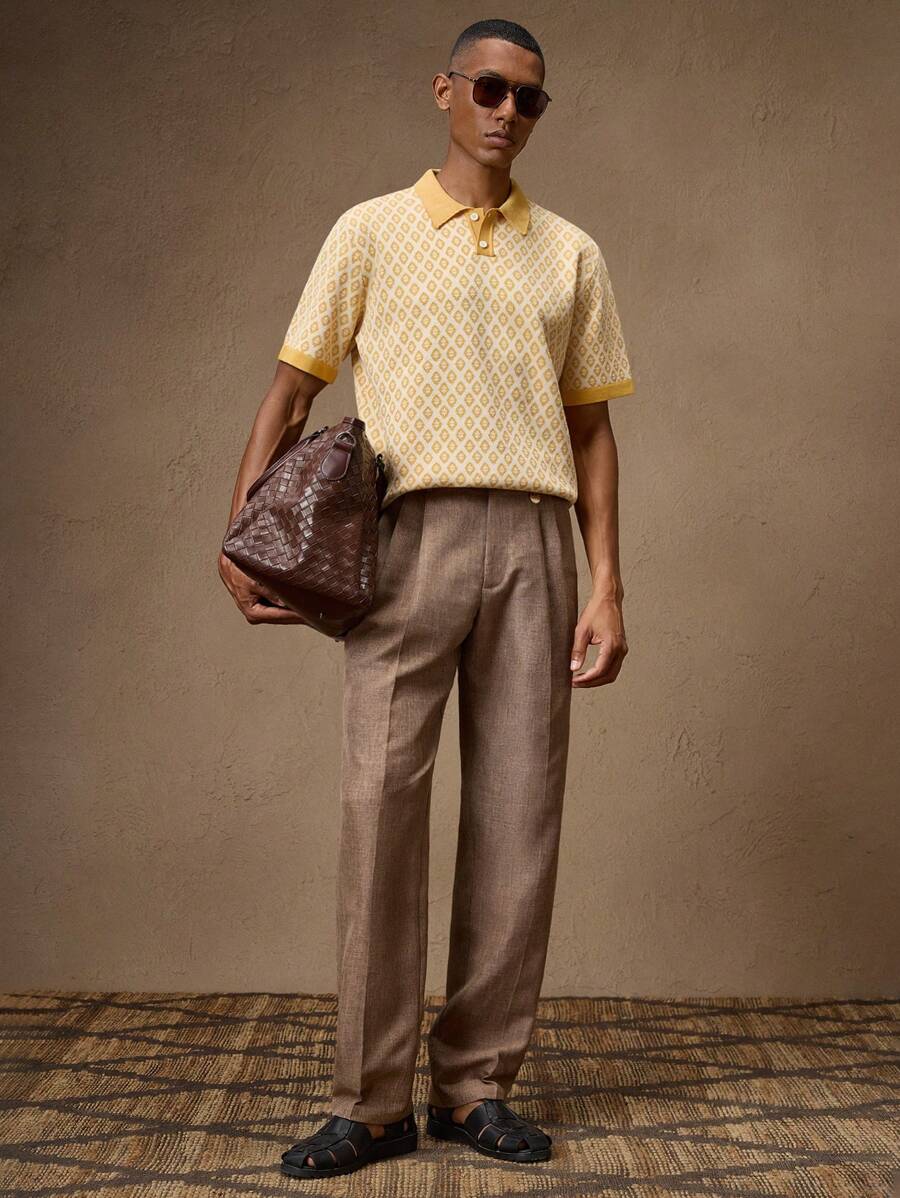 Business Casual Men's Vintage Yellow Jacquard Knit Slim Fit Short Sleeve Tee